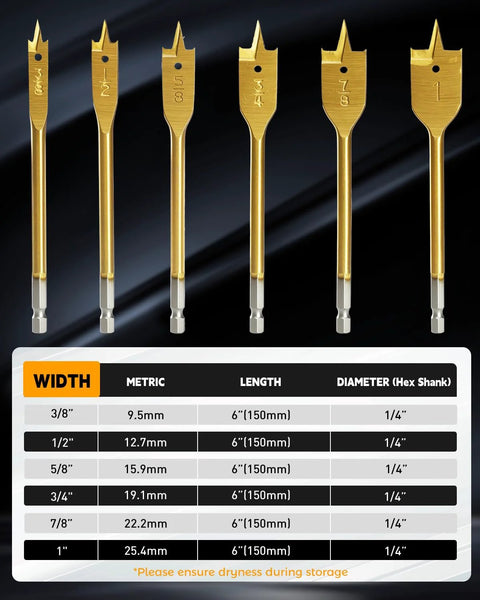 COMOWARE spade drill bit set: six titanium-coated gold paddle bits with hex shank for woodworking (3/8–1 in)