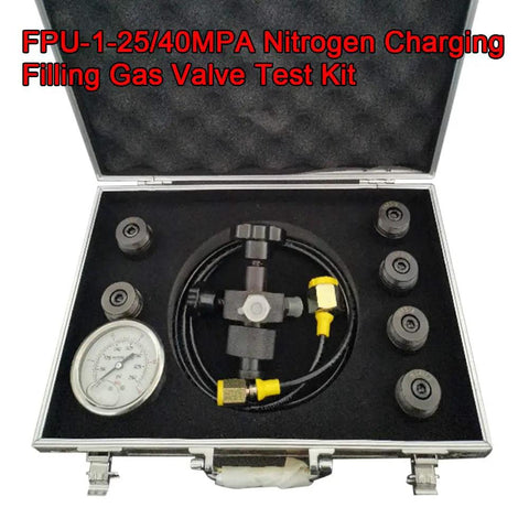 All In One Pro Grade Hydraulic Ni-tro-gen Accumulator Charge Kit with Fill Kit and Pressure Test System in open case with parts visible