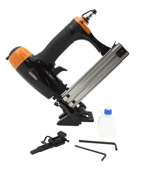 Pro Grade Pneumatic 20 Gauge L Cleat Flooring Nailer For Tongue And Groove DIY Friendly Hardwood Installs with accessories