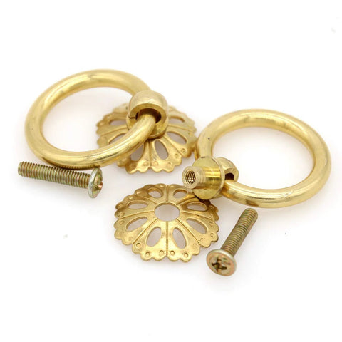 Set Of 6 Vintage Gold Brass Ring Pulls With Hollow Dome Base Flower Like Design For Cabinets Solid Brass Hardware Retro Golden Style Durable Anti Rust