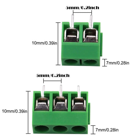60 Pack Go-To 2 Pin and 3 Pin 5mm Pitch PCB Mount Screw Terminal Block Connectors Can Be Spliced Green for 14-22 AWG Wires Rated AC 300V 10A Easy To Install, 2-pin and 3-pin sizes