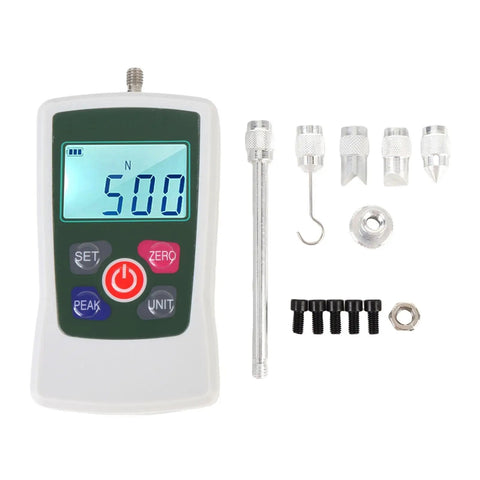 Hand Push Pull Force Gauge 50N Digital Tester With Limit Setting And Alarm, Backlit Readout For Easy Readings In N Kg Lb Oz, Pro Grade Ultra Accurate Sensor For A Workshop Ready Tool, with attachments