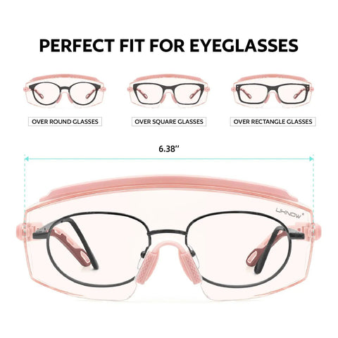 Diagram showing OTG Safety Goggles That Fit Over Prescription Glasses, Anti Fog, ANSI Z87.1 Certified for different eyeglass shapes