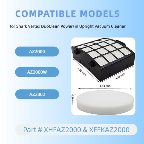 AZ2002 Replacement Vacuum Filter Kit For Vertex DuoClean PowerFin Upright Vacuum Models AZ2000 AZ2000W AZ2002 with sizes shown