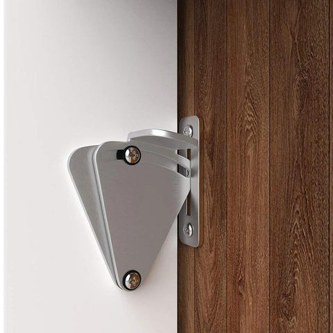 Stainless Steel Barn Door Lock Hardware Sliding Privacy Latch installed on wood surface, brushed nickel finish, durable and corrosion resistant.