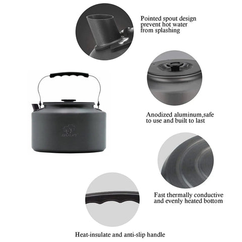 Two Point Two Liter Camping Kettle For Open Flame And Stove Fast Boil Water On The Go Lightweight Tea Pot with labeled features