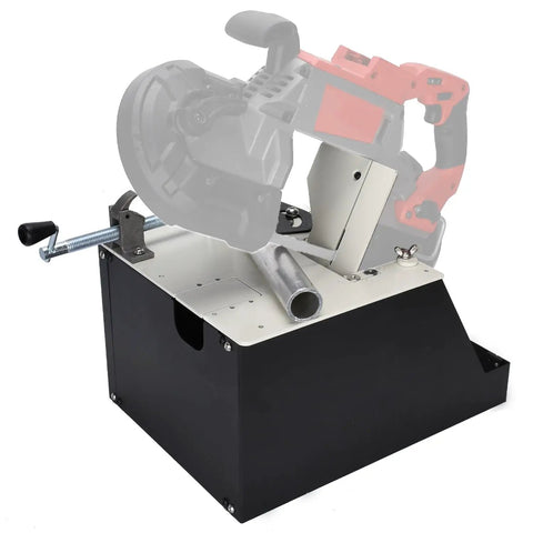 Heavy Duty Alloy Steel Portable Band Saw Stand for 2729-20 Milwaukee Portable Bandsaw, shown with saw slot and metal tube holder