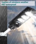 JUDYSSY Solar Lights Outdoor - 300W Led Solar Street Light Motion Sensor, waterproof design, illuminated in rainy weather.