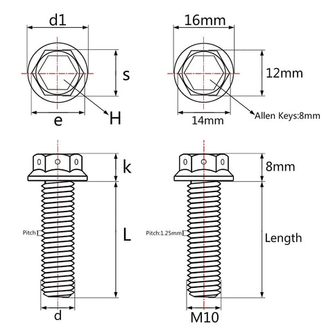 Front and side views of pack of 4 M10 flange hex bolts, 30mm long, 1.25mm pitch, titanium-silver.