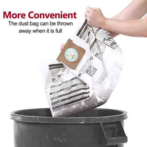 Person discarding 5-8 Gallon Shop Vac Bags Type E And Type H Compatible With Most 5 To 8 Gallon Wet Dry Vacuums disposable bag.