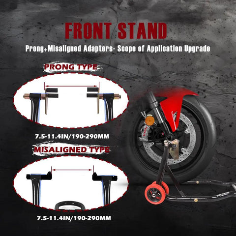 Front And Rear Motorcycle Stands 850lbs Combo Lift With Four Adapters Universal Paddock Stands wheel lift demonstration
