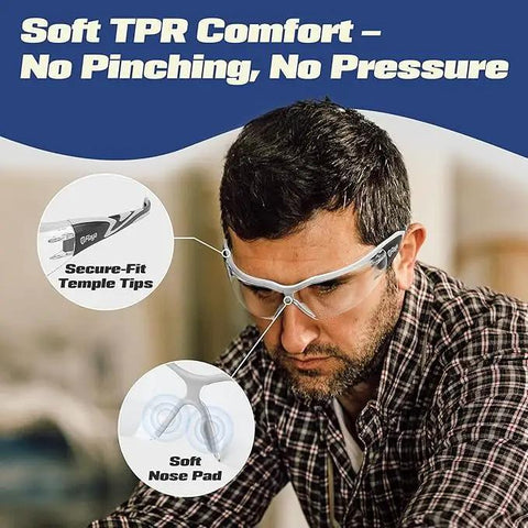 Wraparound Safety Glasses With Anti Fog Shield And Uv400 Guard Built Different For All Day Hustle Top Shelf For Pickleball Mowing Lab Docs Or Clinic Hops Large Cut That Hits The Spot showing secure-fit temple tips and soft nose pad.