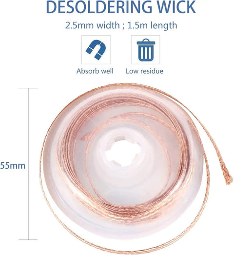 No Clean Solder Braided Wick For Desoldering Copper Wire Roll 1.5 Meters, 2.5mm Width, Premium Copper Woven Wick in clear plastic case