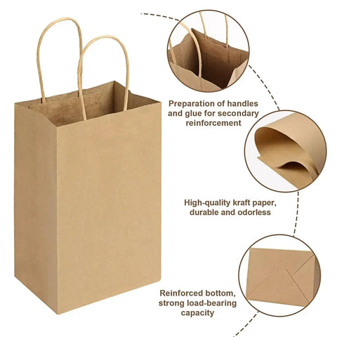 Brown Kraft Paper Bags With Handles 50 Pack 26x12x31 Cm Durable Grab And Go Takeout And Shopping Bags Eco Friendly Packaging with features