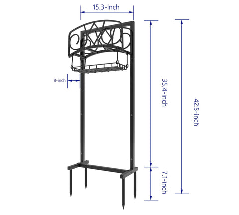Freestanding Garden Hose Organizer With Black Powder Coat Finish Heavy Duty Detachable Hose Stand Holds 150 Ft Of Hose Includes Storage Basket And Assembly Tools For Outdoor Use Weather Resistant Steel, side view with dimensions