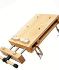 Heavy Duty Portable Woodworking Bench Vise With Adjustable Screw Handle For Hardwood Clamp On Workbench, top view of sturdy wooden clamp.