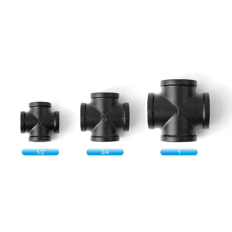 Three sizes of black pipe fittings including 1/2 inch for Half Inch Black 4 Way Cross Pipe Fitting Connector Pack Of Four For DIY Furniture And Shelving Projects Cast Malleable Iron Industrial Vintage Style Decor For Rustic Home Builds