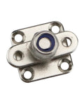 Square stainless steel damping torque hinge with four-hole mounting plate; close-up view