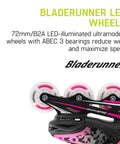Close-up of Light Up Wheels Kids Inline Skates with adjustable four size fit showing LED wheels and cushioned support in black and pink.