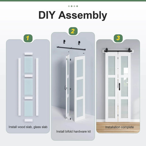 Double 18x84 White Frosted Glass Bifold Barn Door Set, 36x84 Inch With 40 Inch Hardware Kit Included installation steps