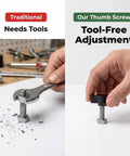 Comparison of traditional tool use with wrench and Top Shelf 1/4-20 X 1 1/4 Inch Thumb Screws With Black Knurled Aluminum Knobs.