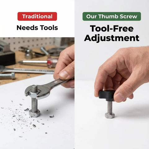 Comparison of traditional tool use with wrench and Top Shelf 1/4-20 X 1 1/4 Inch Thumb Screws With Black Knurled Aluminum Knobs.