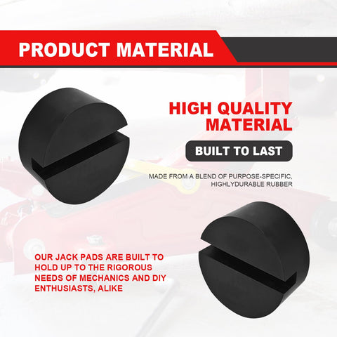 2 Pack Rubber Floor Jack Pad Kit For Universal Car Lifts And Jack Stands Heavy Duty Slotted Frame Rail Pinch Weld Protection Anti Slip Thick Rubber Pads Sized 2.8 Inch Diameter And 1.3 Inch Tall, showing high-quality material description.