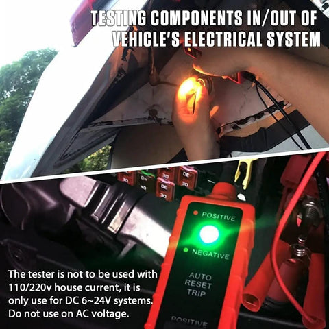 Circuit Probe Tester With Overload Protection And Component Activation For 6-24V Systems in use on vehicle wiring.