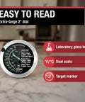Glow Dial Ovenproof Meat Thermometer For Oven Roasting And BBQ, 2 Inch Easy Read Dial, Waterproof And Recalibratable, Perfect For Poultry Beef Pork And Grilling, ProAccurate Style Kitchen Thermometer. 2-inch dial on countertop