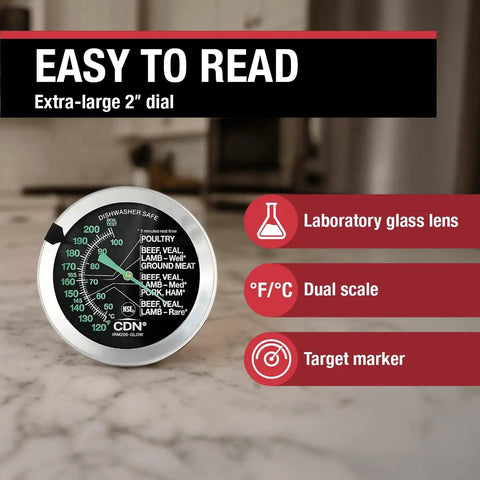 Glow Dial Ovenproof Meat Thermometer For Oven Roasting And BBQ, 2 Inch Easy Read Dial, Waterproof And Recalibratable, Perfect For Poultry Beef Pork And Grilling, ProAccurate Style Kitchen Thermometer. 2-inch dial on countertop