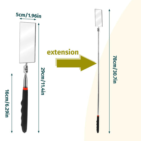 Front view of Telescoping Rectangular Inspection Mirror With 360 Degree Rotation For Mechanics, 30.71 inch extendable handle.