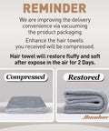 Reminder of Go To Rapid Dry Microfiber Hair Towel Wraps compressed vs restored packaging