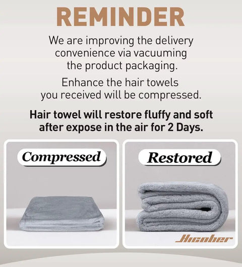 Reminder of Go To Rapid Dry Microfiber Hair Towel Wraps compressed vs restored packaging