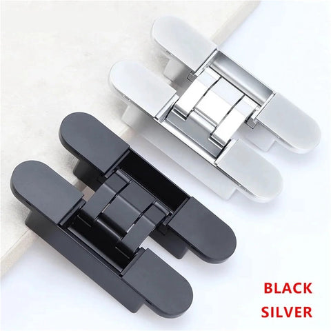 Two Pack Three Dimensional Adjustable Invisible Hinge For Hidden Folding Doors 180 Degree Cross Hinge Concealed Inner Opening No Visible Hardware Wood Door Hardware Silver and black hinges front view