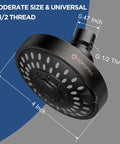Five Mode High Pressure Shower Head With High Flow 4 Inch Oil Rubbed Bronze Finish, labeled dimensions with 1/2 inch thread