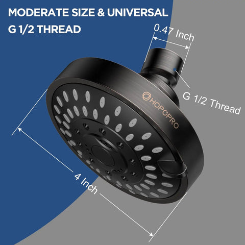 Five Mode High Pressure Shower Head With High Flow 4 Inch Oil Rubbed Bronze Finish, labeled dimensions with 1/2 inch thread
