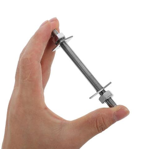 Hand holding Two Pack Extended Length M8x100mm 304 Stainless Steel Threaded Rods Kit With Nuts And Washers For Drywall Construction