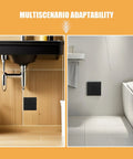Slick Black Plastic Wall Access Panel Swings Open For Easy Inspections in kitchen and bathroom settings.