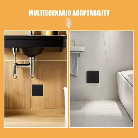 Slick Black Plastic Wall Access Panel Swings Open For Easy Inspections in kitchen and bathroom settings.