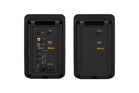 Back view of GoAux 3 3 Inch Portable Studio Monitors showcasing input panel and design, ultra compact and travel friendly.