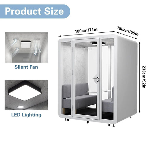 Hella Spacious Mobile Soundproof Office Pod Booth with silent fan, LED lighting, dimensions: 180cm x 150cm x 233cm.