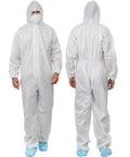 Front and back view of white Disposable Hazmat Coveralls With Hood Pack Of 12, breathable SMS non-woven, elastic hood and ankles, X Large.