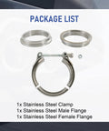 2.75 Inch V Band Clamp With Flange Stainless Steel Universal Turbo Exhaust Downpipe Connector Includes Male And Female Flanges Replacement V Band Clamp For High Performance Systems package list