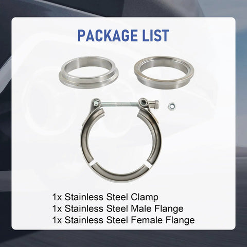 2.75 Inch V Band Clamp With Flange Stainless Steel Universal Turbo Exhaust Downpipe Connector Includes Male And Female Flanges Replacement V Band Clamp For High Performance Systems package list