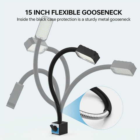 Gooseneck LED Work Light With Magnetic Base, 1300 Lumens, 15-inch flexible arm, 50 LED bright lamp, metal protection, durable design.