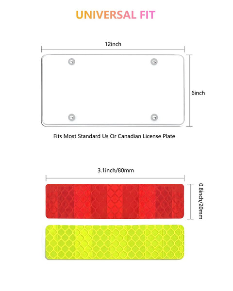 Heavy Duty Clear License Plate Cover 2 Pack With Screws And Reflective Stickers, dimensions for standard 6x12 plates.