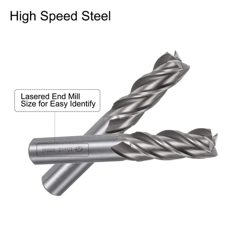 uxcell end mill set with two high-speed steel 4-flute cutters, diameters 2-12 mm, CNC milling bits for aluminum/steel