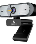 Smooth 1080P 60FPS Webcam With Autofocus Dual Mics And Privacy Cover, showing lens detail and adjustable clip.