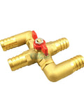Heavy Duty Brass Cross Ball Valve With 23mm Hose Barb Four Way Plumbing Fitting, red handle, for smooth flow control in plumbing.