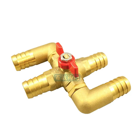 Heavy Duty Brass Cross Ball Valve With 23mm Hose Barb Four Way Plumbing Fitting, red handle, for smooth flow control in plumbing.